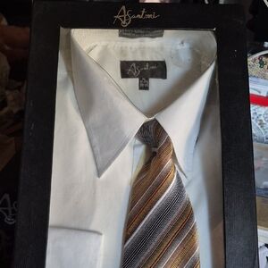 A.Santoni Classic White Shirt with Gold Striped Tie